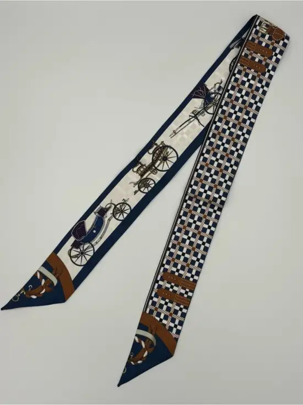 Hermes Twilly 100% Silk Carriage Print Bag Tie Scarf